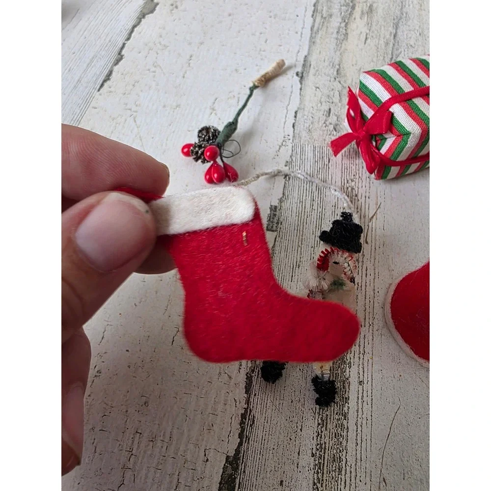 Vintage putz spun cotton snowman present mini stocking accessory ornament tree